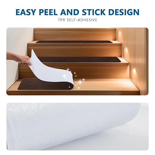 KOOTETA Stair Treads for Wooden Steps Indoor, 15 Pack 8" X 30" Non Slip Carpet Stair Treads with Reusable Adhesive for Elders and Dogs, Surface Polyester TPR Backing Stair Rugs, Brown
