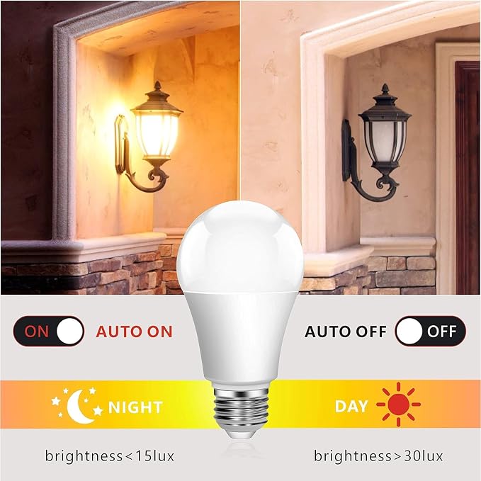 Outdoor Sensor Light Bulbs, E26 Dusk to Dawn Automatic Sensor | Auto On/Off, Energy-Efficient, for Indoor Outdoor Lighting, Front Door Garage Basement Storage Closet, 120V, 6000K 6Pack