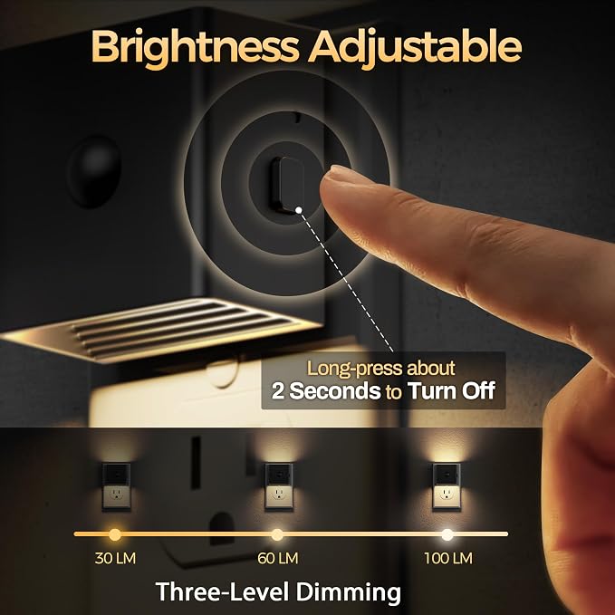 DORESshop LED Motion Sensor Night Light [2 Pack], Plug in Night Light, Night Light Motion Sensor, Dusk to Dawn 3 Level Brightness Adjustable Night Lights for Adults, Bedroom, Bathroom, Hallway