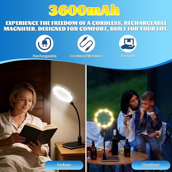 15X 30X Rechargeable Magnifying Glass with Light and Stand, 6 Color Adjustable dimming, Handheld Magnifying Desk lamp with LED Light, Suitable for Reading, Drawing, handicrafts and Detailed Work