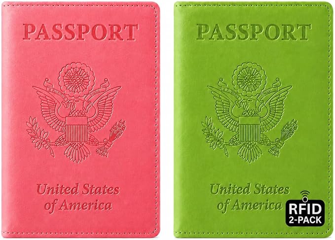 Ciana RFID Passport Holder for Travel – PU Leather Passport Cover and Card Holder for Men & Women – Slim Passport Holder with Card Protector Slot, Travel Must Haves (Pink - Lime Green)