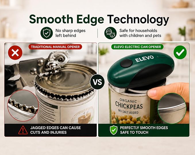 ELEVO Electric Can Opener – USB-C Rechargeable, Hands-Free Automatic Tin Opener | 360° One-Touch Smooth Edge, Magnetic Lid Lifter & Stuck Lid Remover | Portable & Safe Kitchen Tool