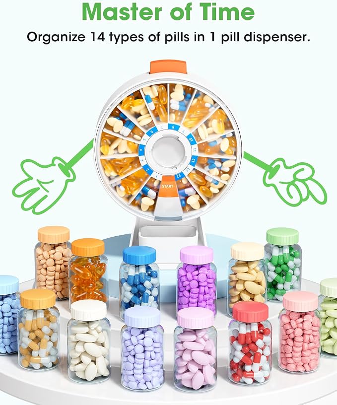 Daviky Daily Pill Dispenser, Large Capacity 14-Day Pill Organizer Box | Push Button Dispensing, Easy Open, Wall-Mounted or Standing, 14 Compartments, Senior-Friendly, for Medication & Vitamins