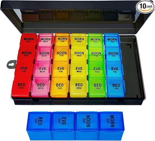 ZVZM Weekly Pill Organizer 4 Times a Day, Large Medicine Organizer, Pill Box 7 Day 28 Compartment, Portable Travel Pill Container Case for Vitamin and Supplement (Color)
