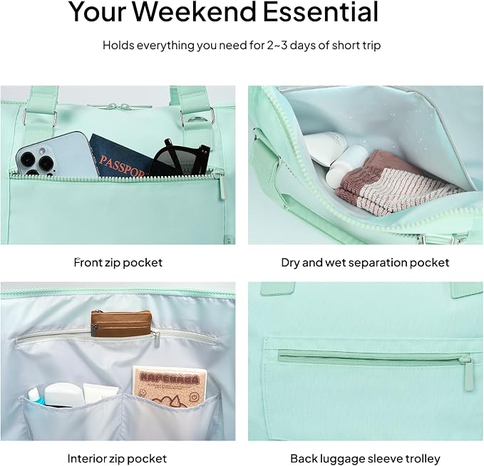 Travel Duffle Bag for Women, 40L Weekender Bags Airline Approved Carry On with Shoe Compartment & Waterproof Wet Pocket, Durable Nylon Weekender Overnight Bag for Travel, Gym, Business Trip, Green