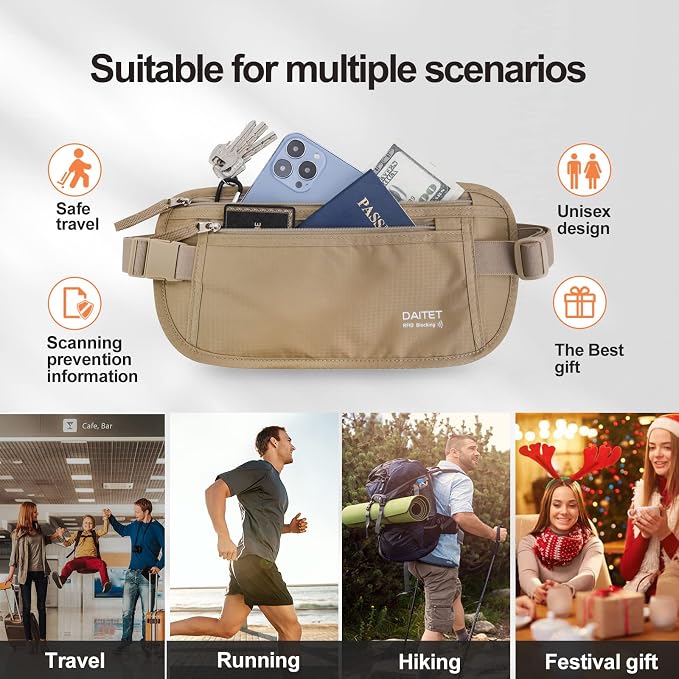 Money Belt - Passport Holder Secure Hidden Travel Wallet with RFID Blocking, Undercover Fanny Pack (Beige)