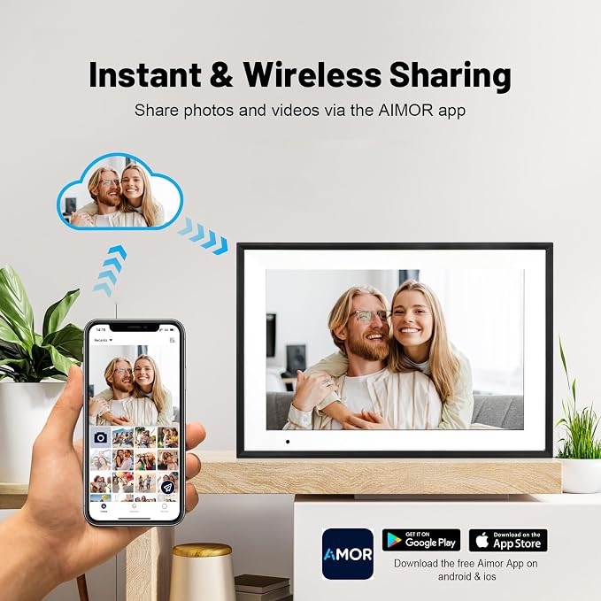 Digital Picture Frame 10.1 Inch WiFi Digital Photo Frame IPS HD Touch Screen Smart Cloud Photo Frame with 32GB Storage, Auto-Rotate, Easy Setup to Share Photos or Videos Remotely via AiMOR APP