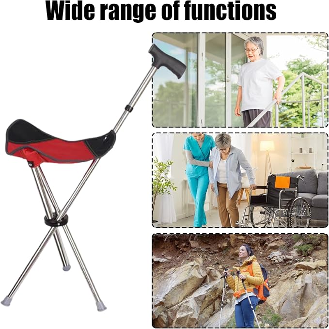 Cane with Chair - 50cm Oxford Cloth Walking Stick, Anti Slip Mobility Aid Stool, Fold Seat for Elderly Adults, Steel Frame Oxford Cloth Support | Portable Travel Hiking Camping Outdoor Convenient