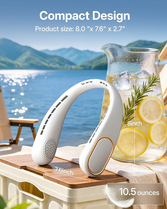SHEWIND Portable Neck Fan - 5000mAh Rechargeable Hands-Free Wearable Fan | 4 Speeds, Bladeless & LED Display | Personal Cooling Fan for Travel, Outdoors, Camping - White