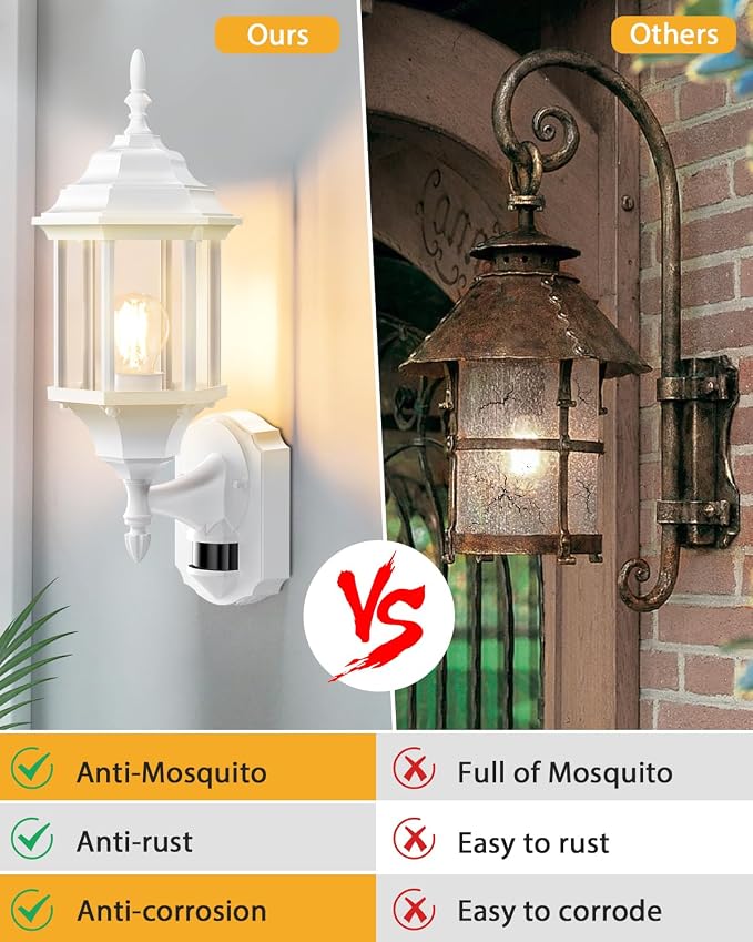 Redluck Motion Sensor Outdoor Wall Light Fixtures, 2 Pack Outdoor Wall Lamp | Dusk to Dawn, Anti-Rust, Waterproof Aluminum Frame, Tempered Glass & Classic Exterior Porch Lights for House Garage, White