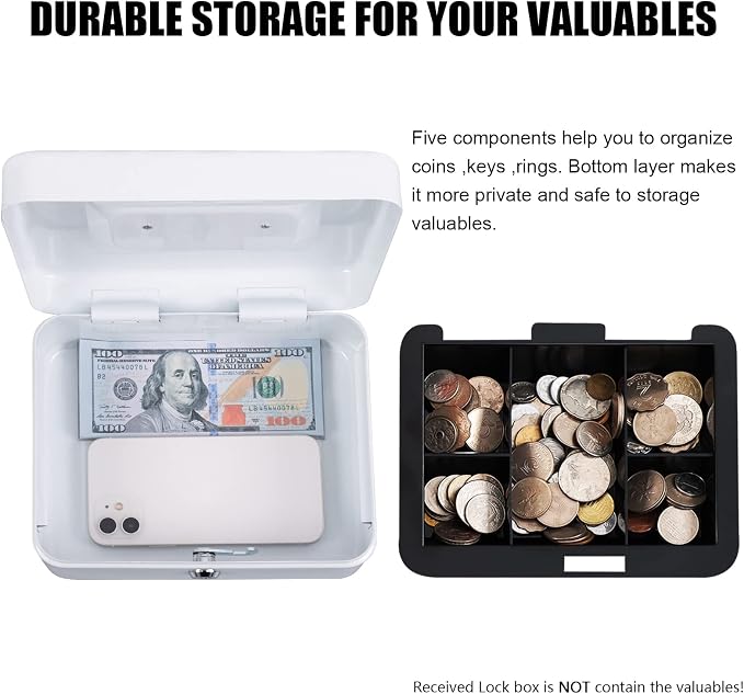 KYODOLED Medium Cash Box with Money Tray,Small Safe Lock Box with Key,Cash Drawer,7.87"x 6.30"x 3.54" White Medium