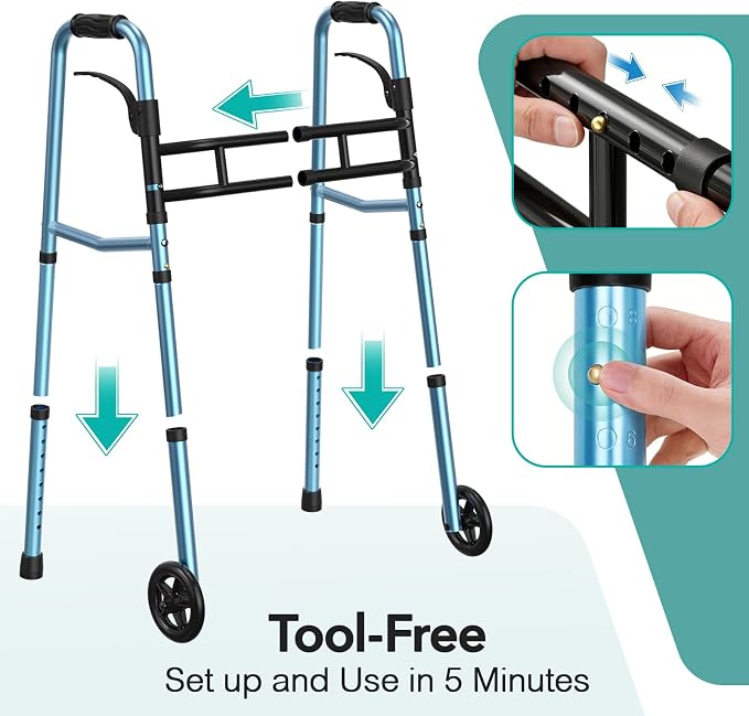 HOMENURSE Narrow Walkers for Seniors, Folding Walker with Skis and 5" Wheels for Small Spaces, Adjustable Width & Height, Aluminum Lightweight Standard Rolling Walker, Support Up to 350lbs, Blue