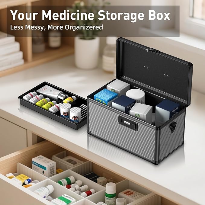 Medicine Lock Box with Code, Locking Medicine Box with Removable Tray & Pocket Bag, Portable First Aid Box for Home, 14 * 8.85 * 7.5 Inch (Black)