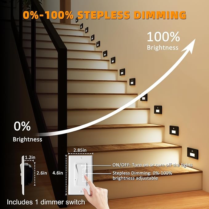 4 Pack 3CCT 120V Motion Sensor Step Lights with Dimmer Switch, Black | LED Stair Lights Indoor Outdoor, 3000K/4000K/6000K, 0%-100% Dimmable, 5W 500LM, IP65 Waterproof, Hard Wired, Aluminum, ETL