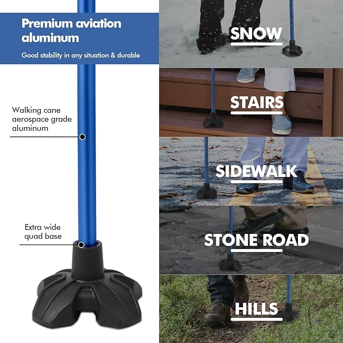 GPTCAMP G1 Walking Stick, Walking Cane for Women & Men with Wrist Strap, Lightweight & Sturdy Offset EVA Handle, Large Quad Base, Self Standing for Seniors and People with Injuries & Recovery