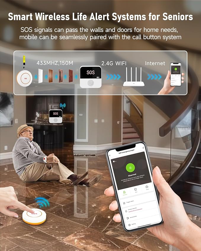 PILSAMAS WiFi Caregiver Pager Wireless Call Button with App Alert, Medical Alert Systems for Seniors No Monthly Fee- 2 Caregiver Call Button + Wristband Panic Button, Alert Button for Seniors at Home