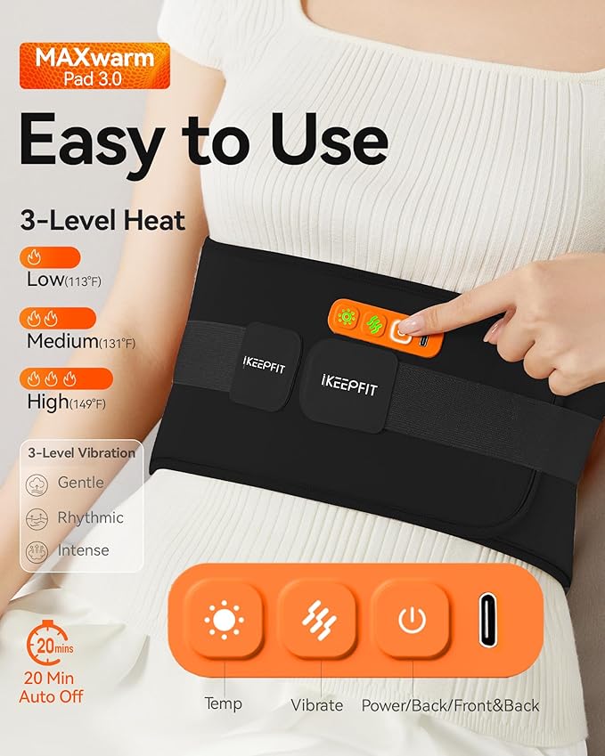 IKEEPFIT® Heating Pad for Back Pain Relief: MAXwarm® 3.0, Portable Cordless Heat Pad with Massager for Period Cramps, 8000mAh Large Battery, Christmas Gift for Women Men 90-310 lbs