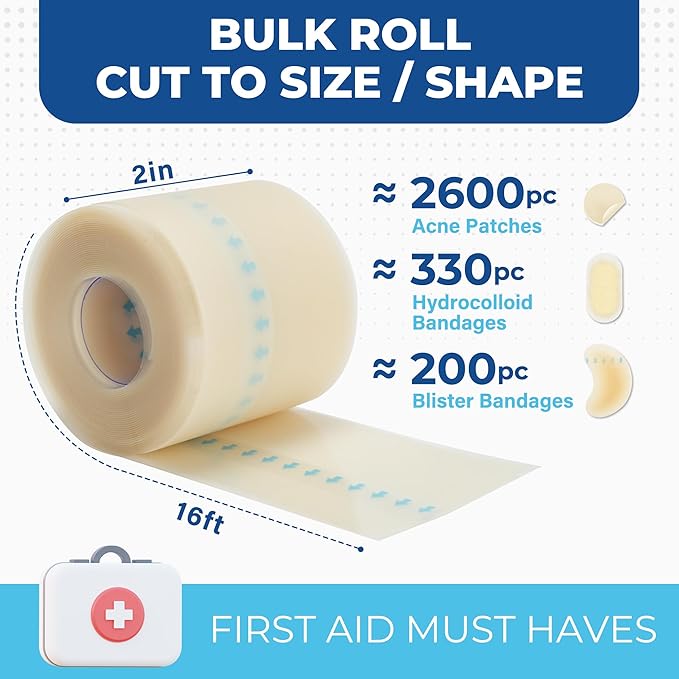 Hydrocolloid Bandages Roll, 2in x 16ft, Cut to Size Hydrocolloid Patch for Wound Care, Waterproof, Medical Adhesive Wound Dressing Tape for Blister, Burn, Acne, Pimple, Extra Large