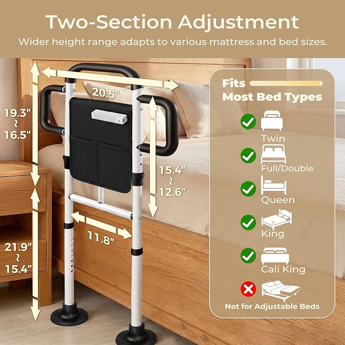 Bed Rails for Elderly Adults Safety, 400 Lbs Support for Seniors, ASTM-Certified Height Adjustable Bed Assist Rail with Motion Sensor Light, Triple Non-Slip Handles & Dual Storage Pockets