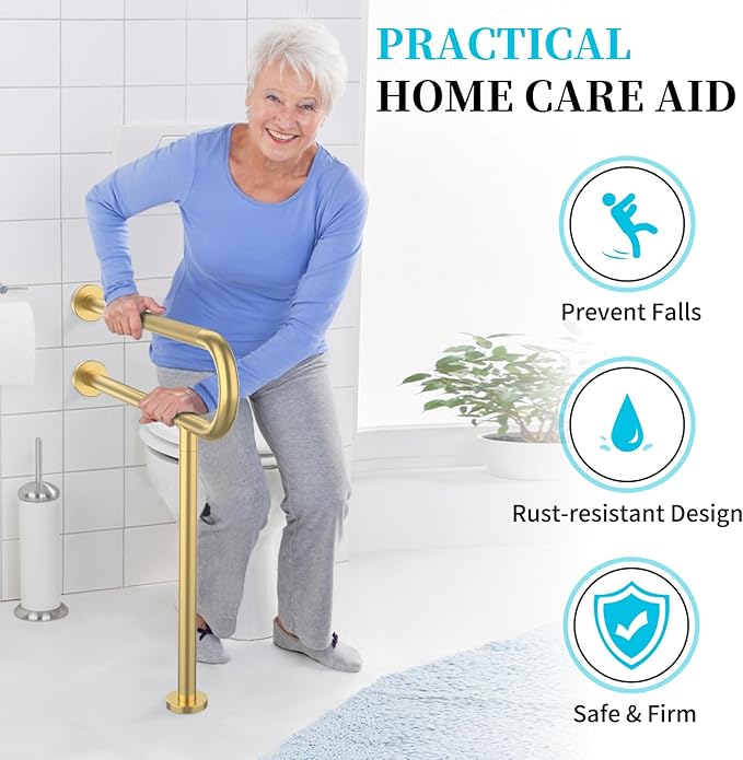 Toilet Support Rail 31.3X 31.5 Inch, Munzong Anti-Slip Gold Handicap Grab Bar for Bathroom, Stainless Steel Knurled Safety handrails with Leg for Elderly Disabled Pregnant-1.25’Tube