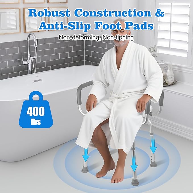 Swivel Shower Chair with Arms and Back, Heavy Duty 400lb Capacity 360° Swivel Stool for Elderly, Disabled & Bariatric Adults, for Shower & Tub, Tool-Free Height Adjustment(16.54"-19.29")