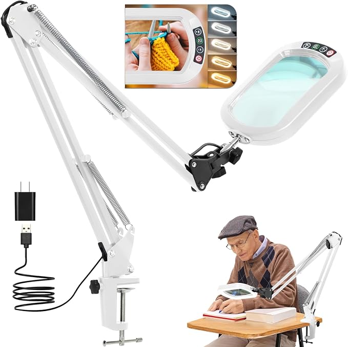 14.35" Large Magnifying Glass with Light and Clamp, Real Glass, 5 Color Modes, Stepless Dimmable, Lighted Magnifier with Stand Hands Free, LED Swing Arm Desk Lamp for Close Work, Craft, White