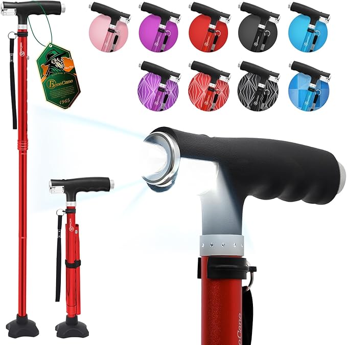 BeneCane Walking Cane for Women Folding Cane for Men with Two Led Lights Quad Cane with Stable Base Lightweight and Adjustable Walking Stick