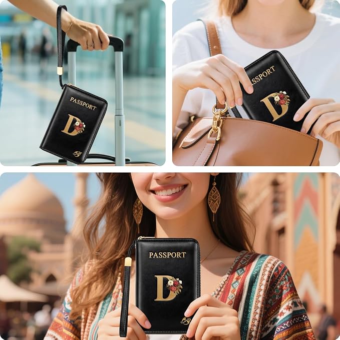 Passport Holder for Travel Personalized Wallet with Wristlet Women | Passport Cover, RFID Blocking, Passport Book Holders, Back Coin Pocket, Zipper Closure, Roses Initial Letter, Black D