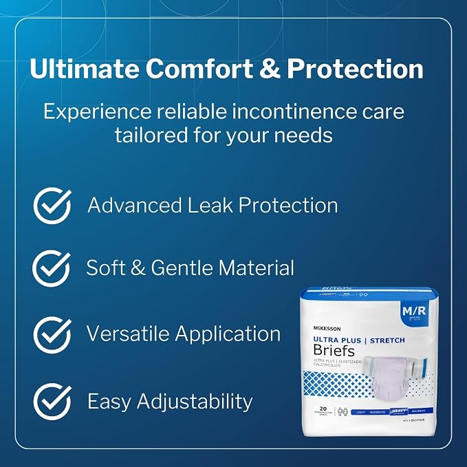 McKesson Ultra Plus Stretch Briefs, [20 Count], M/R, 32-54 in. Incontinence Adult Diapers, Heavy Absorbency, Unisex, Disposable, Elastic Leg Gathers and Contoured Fit for Men and Women