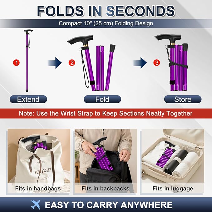 supregear Folding Cane, 5-Level Adjustable Height Walking Stick Lightweight Collapsible Portable Travel Cane with Wrist Strap and T Handle for Elderly Disabled Men Women