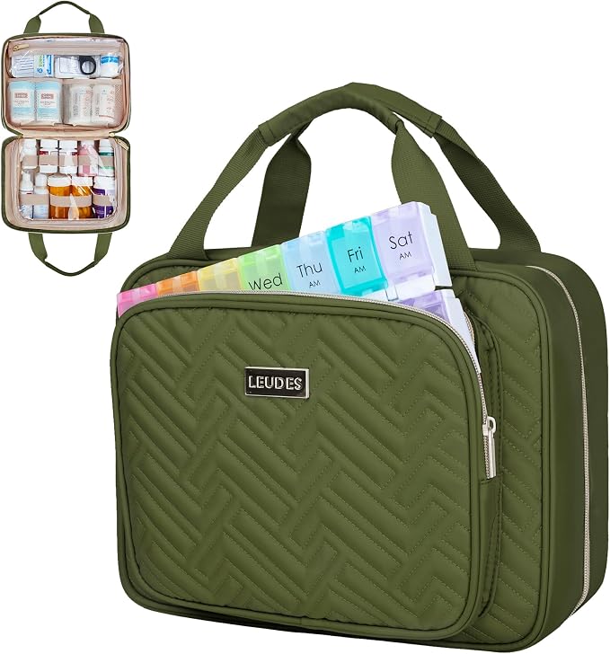 Leudes Travel Pill Bottle Organizer,Medicine Organizer and Storage,Home Medication Bag, Cases,Carrier for Pills,Vitamin,Fish Oil,Supplements for Women and Men (Medium, Army Green)