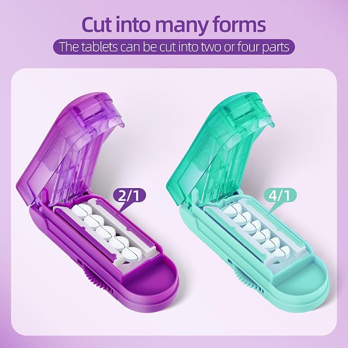 DUBSTAR 2PCS Pill Cutter Splitter for Small and Tiny Pills, Multiple Pill Cutters for Small or Large Pills, Adjustable Pill Splitter with Centering Device and Blade Guard (Purple+Cyan)