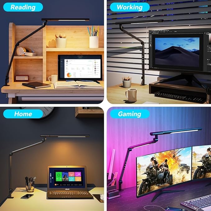 Dual Light Source LED Desk Lamp - Clamp Mount Office Table Light with Knob Remote Control, Adjustable Brightness & Color Temperature, 5 Lighting Modes for Reading, Computer, DIY