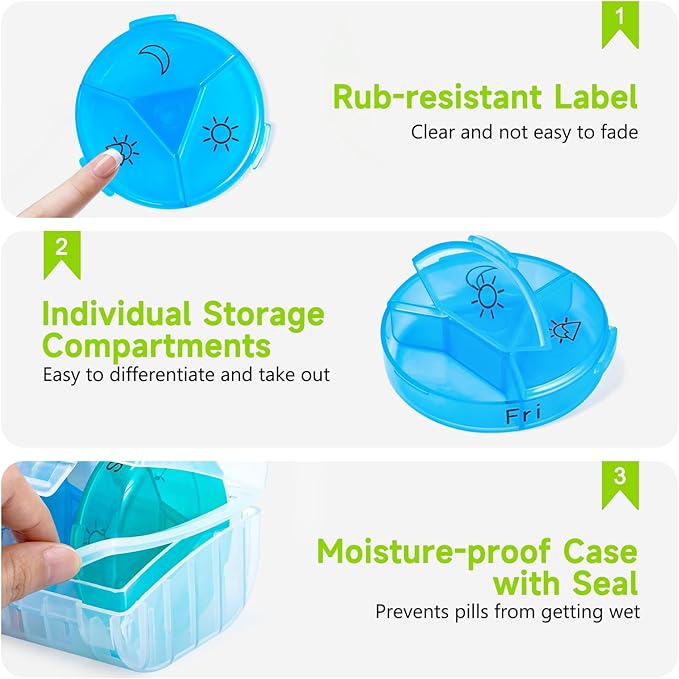 2 Pack Large Weekly Pill Organizer Medicine Container, Clear Round Daily Pill Organizer 7 Day 3 Times A Day with 21 Compartments, BPA Free Medication Storage to Hold Vitamin, Oils, Supplement