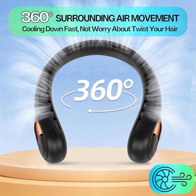 KIDEE Portable Neck Fan, 4000mAh Rechargeable, 360° Airflow, Hands Free Bladeless Wearable Fan, 2 Pack, Black