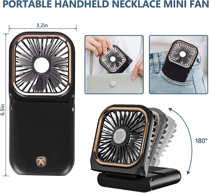 Portable Handheld Fan with Phone Holder, 3000mAh Power Supply USB Rechargeable Neck Fan, Foldable Small Fan 0-180° Adjustable, Ultra Quiet Personal Cooling Fan for Travel Office Home