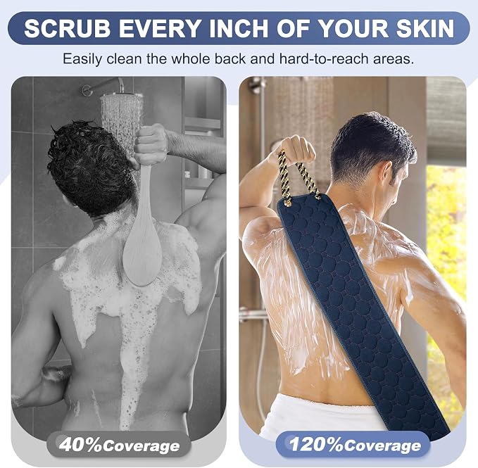 eaxun 39 Inch Exfoliating Back Scrubber with Dual Handles for Shower | Wider Dual-Sided Bath Washer for Deeper Cleansing, Full Back Coverage Exfoliator without Straining for Men & Women
