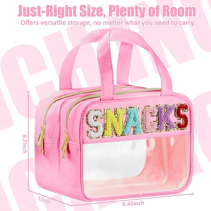 BuyCard Chenille Letter Clear Snack Makeup Bags, Waterproof Large Clear Travel Toiletry Bag, Nylon Snacks Cosmetic Pouch Bag with Handles and Zipper, Storage Bag for Women, Pink