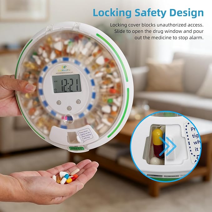 EziMedPil 28-Day Locked Automatic Pill Dispenser with Frosted Privacy Lid | Sound-Light Reminder, 6 Daily Alarms & Dosage Rings, LCD Display & Built-in Magnifier for Dementia & Chronic Disease Seniors