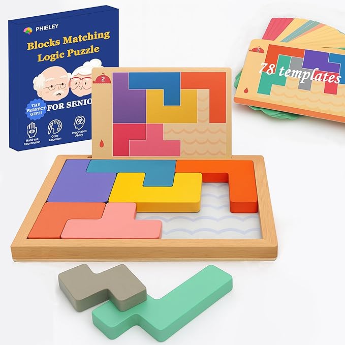 8 Wooden Tiles Matching Dementia Activities for Seniors, Easy Memory Games for Alzheimers Patients, Cognitive Craft Gifts for Elderly Women, Large Puzzle Pattern Blocks Matching Board Gadgets