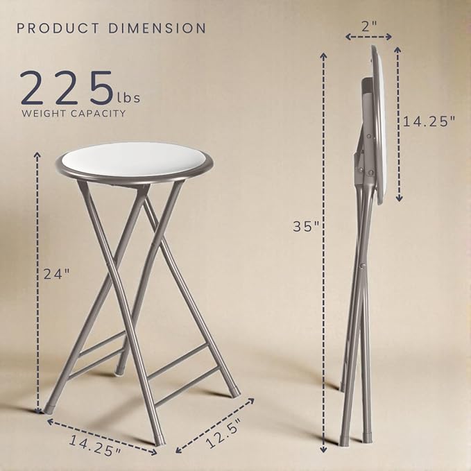 Lavish Home Folding Stool with Padded Backless Seat Set of 4, White, 24” | Counter Height Bar Stools with 225lb Capacity, Portable Indoor & Outdoor, Extra Seat for Kitchen, Rec Room or Camping
