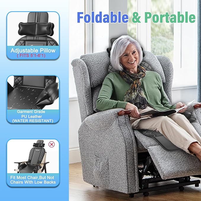 Back Massager with Heat & Traction & Vibration, Seat Massager Pad for Pain Relief Deep Tissue, Lumbar Traction, PU Leather, Foldable, for 5’ to 6’1”, Massage Chair Pad for Office Home