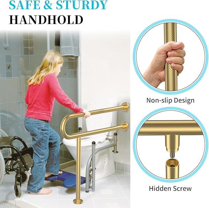 Toilet Support Rail 31.3X 31.5 Inch, Munzong Anti-Slip Gold Handicap Grab Bar for Bathroom, Stainless Steel Knurled Safety handrails with Leg for Elderly Disabled Pregnant-1.25’Tube