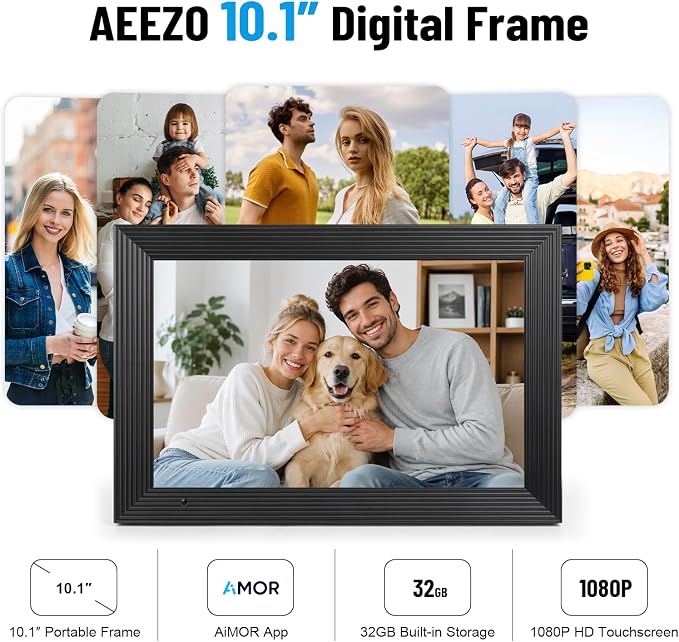 AEEZO Digital Picture Frame, 10.1'' WiFi Electronic Photo Frames with 32GB Memory, 1280 * 800 IPS HD Touch Screen, Auto-Rotate Easy Setup via AiMOR APP, Gifts for Parents and Grandparents Black