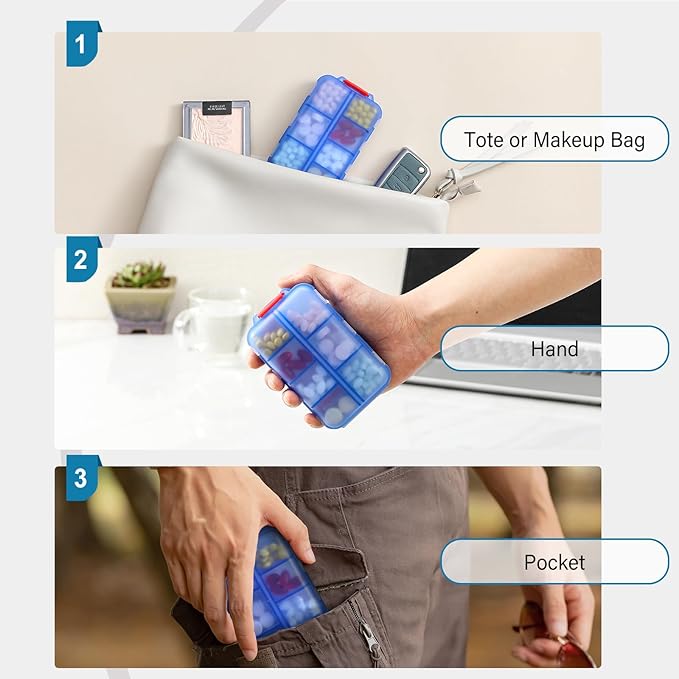 3 Pack 14 GRIDS Travel Pill Organizer Box with Labels - Travel Medicine Case Kit - Pocket Daily Pharmacy Container - Travel Medication Holder Dispenser for Fish Oil Vitamin Supplement Storage - Clear