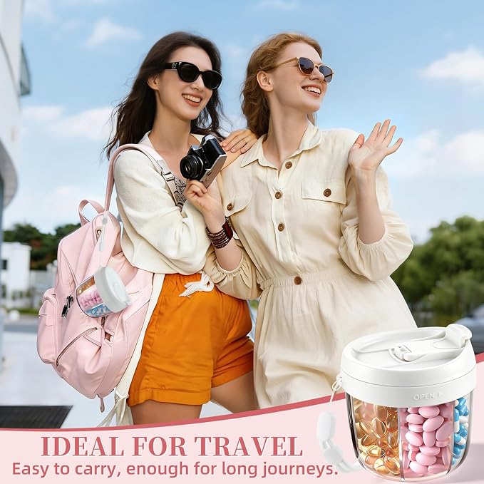 Pill Organizer,Travel Essentials Pill Container, Travel Pill Dispenser with White Lid，Pill Case Having 7 Large Compartments,Vitamin Organizer for Home Organization,Travel Containers