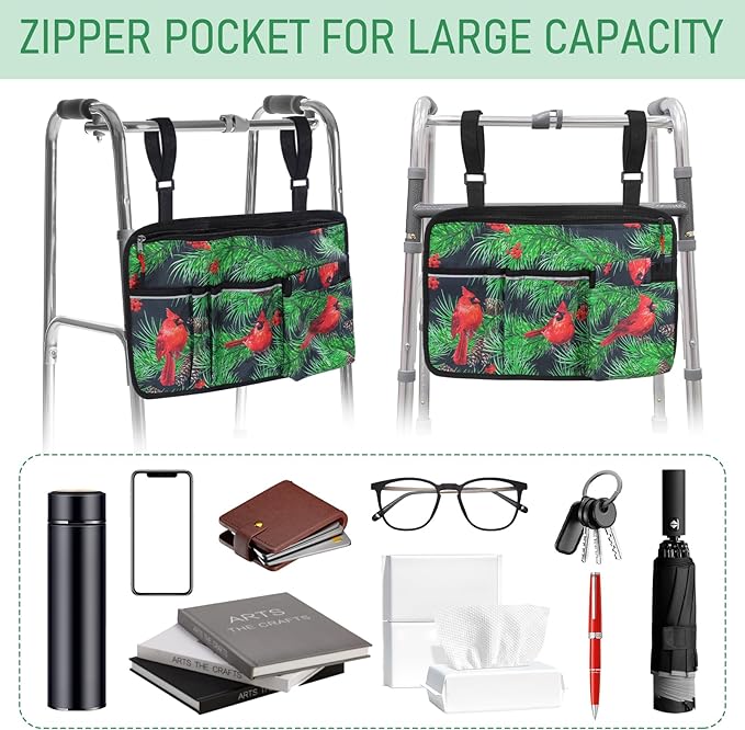 Hillban Large Walker Bag Red Cardinal Wheelchair Side Bag with Water Cup Holder Lightweight Rollator Folding Walker Basket for Seniors Red Cardinal Gifts for Nursing Home Residents