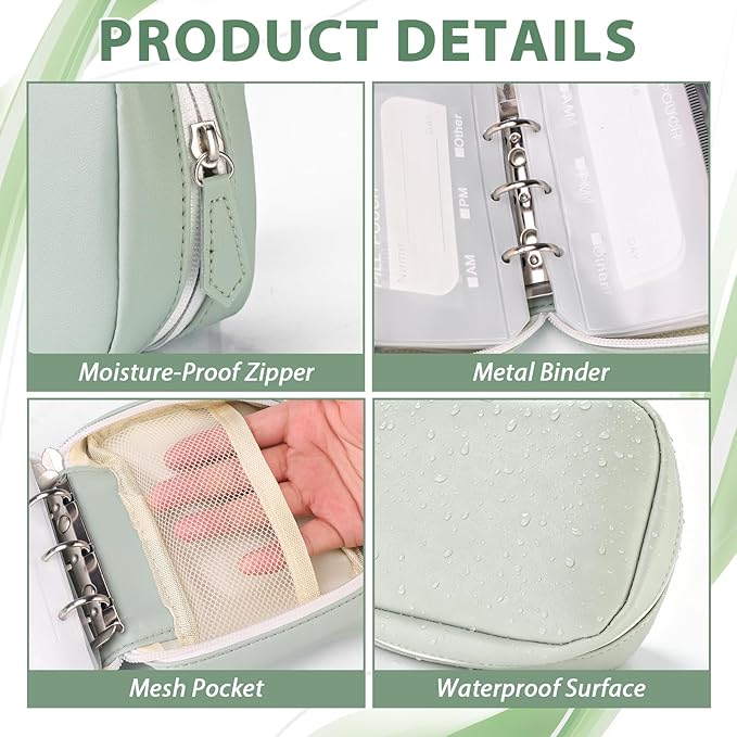 A8 Waterproof Pill Organizer, Waterproof Pill Pouch Set, Travel Medicine Organizers with 14 Color-Coded Pouches, Leakproof Reusable Zippered Storage Case, Compact Daily Pills Holder (Green)