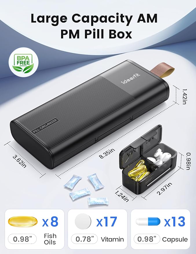 Weekly Pill Organizer 2 Times a Day, Large AM PM Pill Box 7 Day with Built-in Desiccant, Portable Medicine Case with 7 Detachable Containers for Vitamins & Supplements