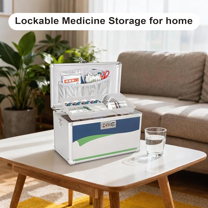 Medicine Lock Box with Combination Lock - 10" Hard Case for First Aid & Pill Storage, with Removable Tray & Pockets – for Home, Car, Outdoor – Blue [No Strap]